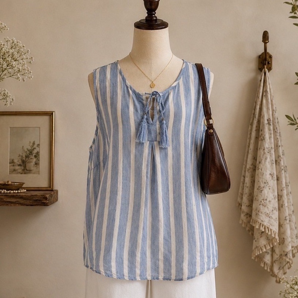 Company Ellen Tracy 100% Linen Tank Top Sz XL Striped Tassel Coastal Breathable